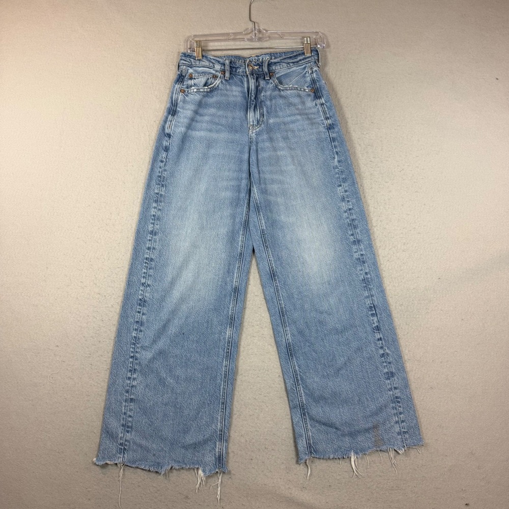 American Eagle Jeans Womens 2 Wide Leg Blue Raw Hem Grunge Skater Baggy